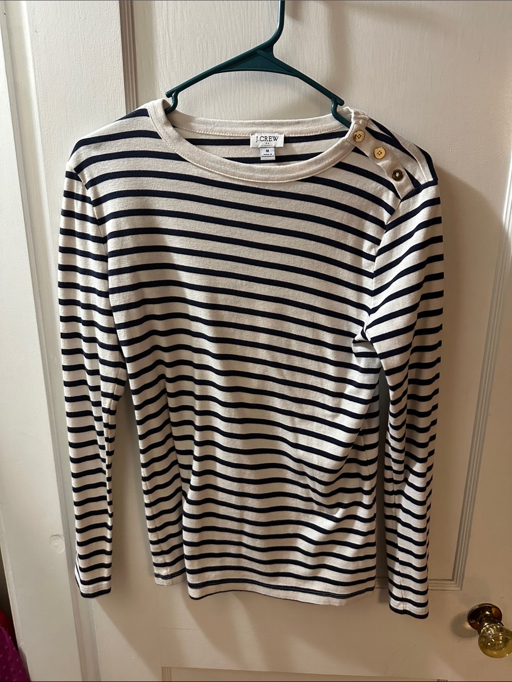 J. Crew Cream and Navy Striped Crewneck Sweater with Shoulder Buttons